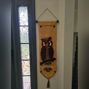 Vintage Owl Wall Hanging Carpet Rug Burlap 90s Tassel Wood Bar 49' Fall Autumn